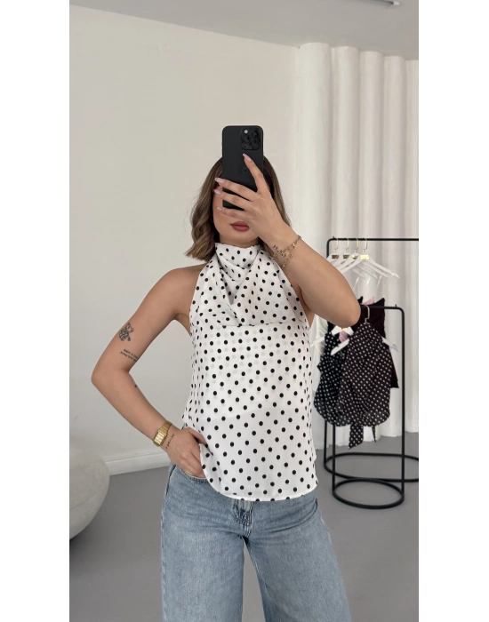 Puantiyeli Sırt Dekolte Bluz - Beyaz