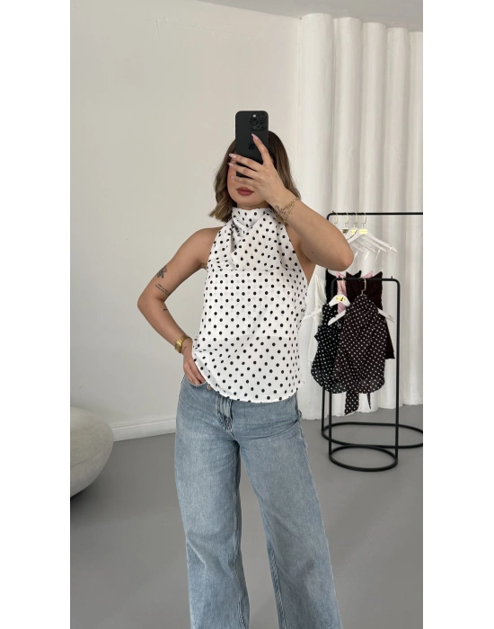 Puantiyeli Sırt Dekolte Bluz - Beyaz