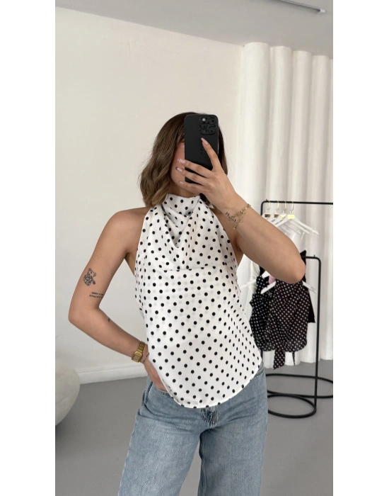 Puantiyeli Sırt Dekolte Bluz - Beyaz