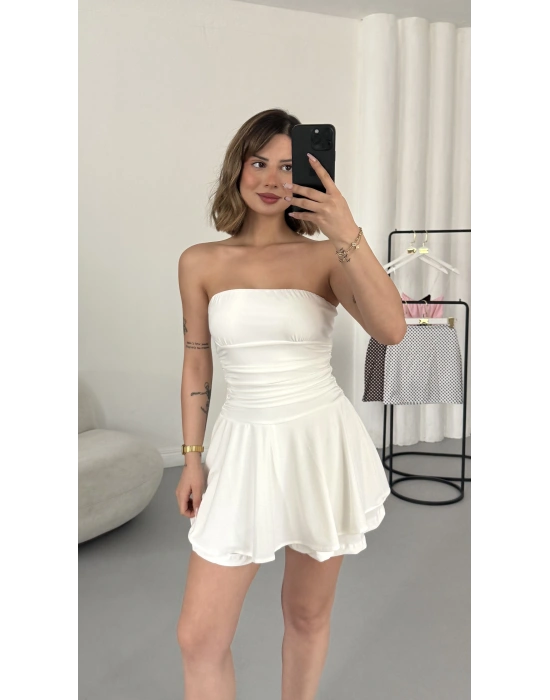 Straplez Şortlu Elbise - Beyaz