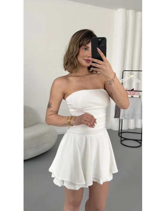 Straplez Şortlu Elbise - Beyaz