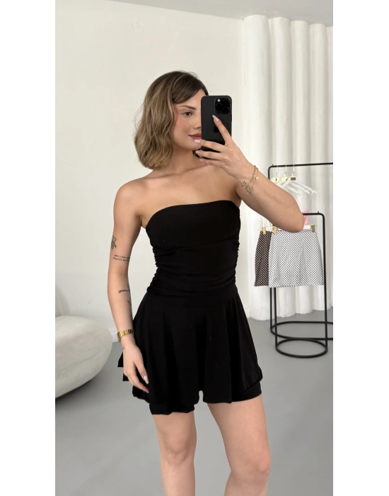 Straplez Şortlu Elbise - Siyah