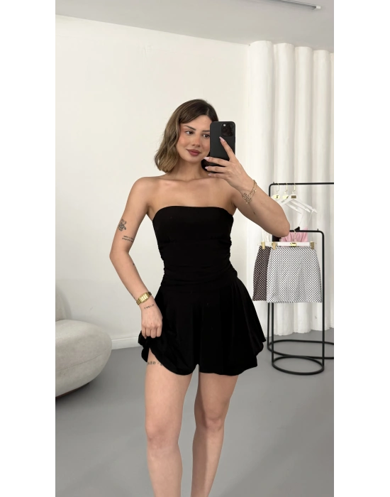 Straplez Şortlu Elbise - Siyah