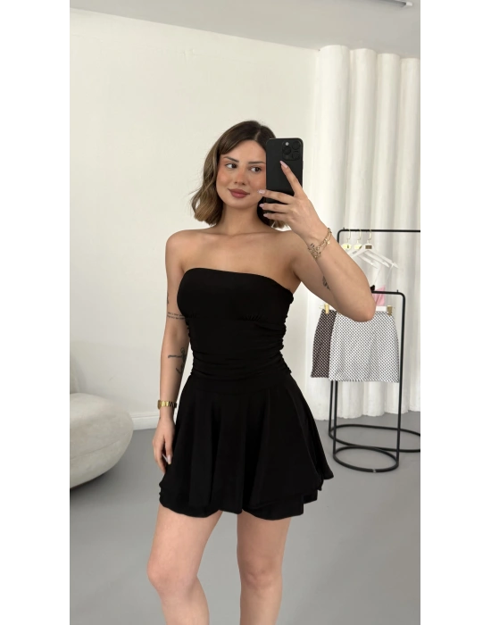 Straplez Şortlu Elbise - Siyah