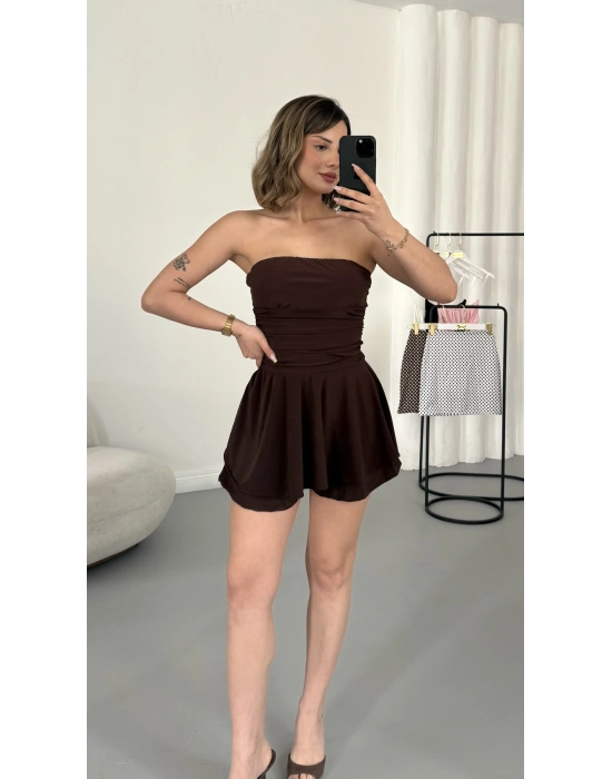 Straplez Şortlu Elbise - Kahve