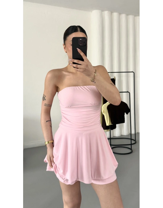 Straplez Şortlu Elbise - Pembe
