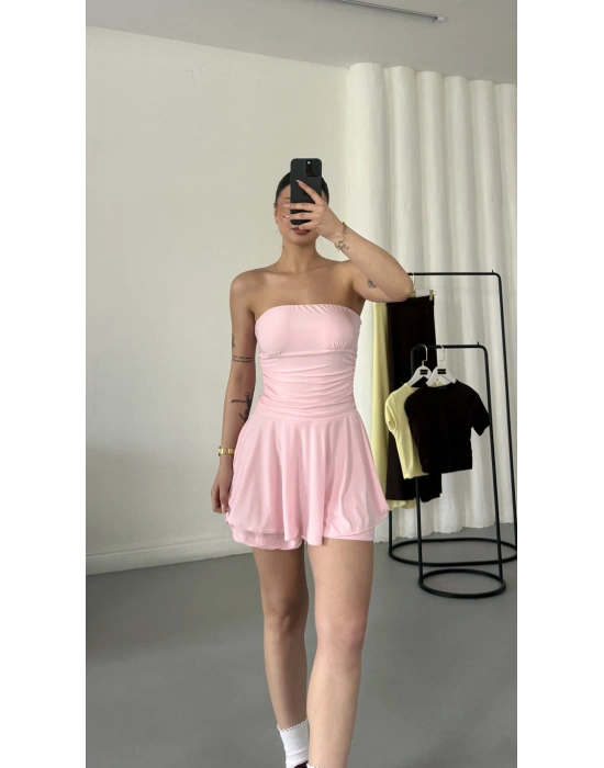 Straplez Şortlu Elbise - Pembe