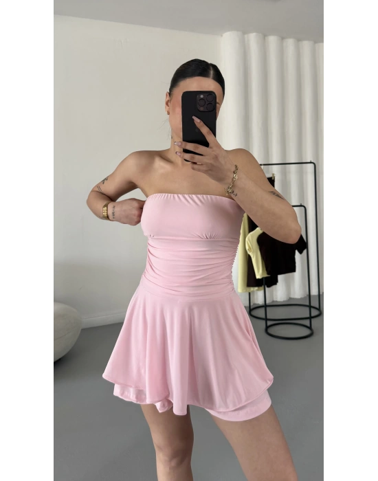 Straplez Şortlu Elbise - Pembe