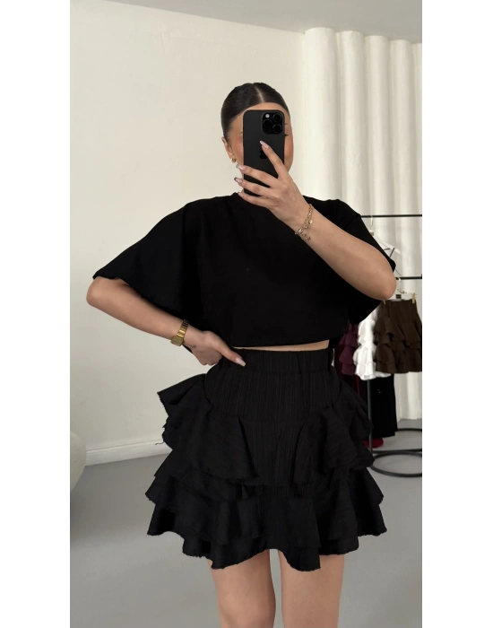 Melly Fırfırlı Etek - Siyah