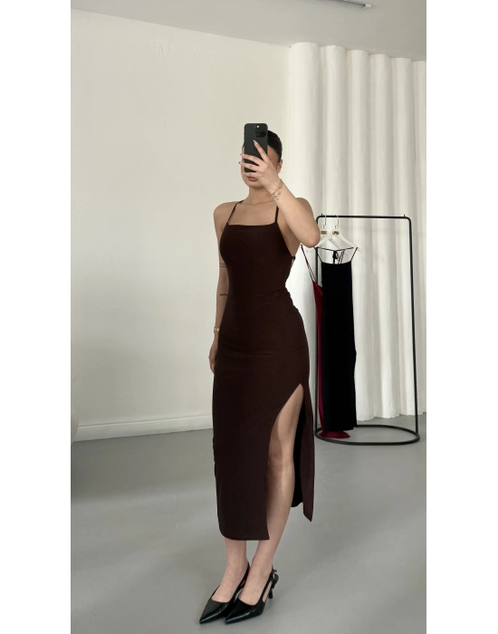 Martha İp Askılı Elbise - Kahve