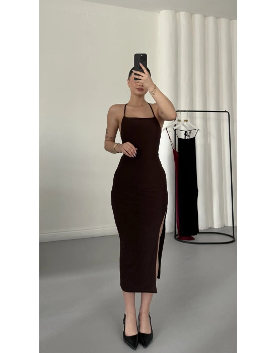 Martha İp Askılı Elbise - Kahve