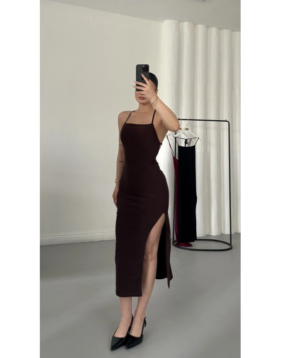 Martha İp Askılı Elbise - Kahve