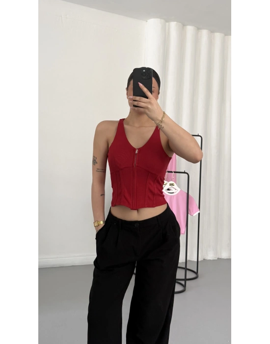 Maisy Fermuarlı Crop - Kırmızı