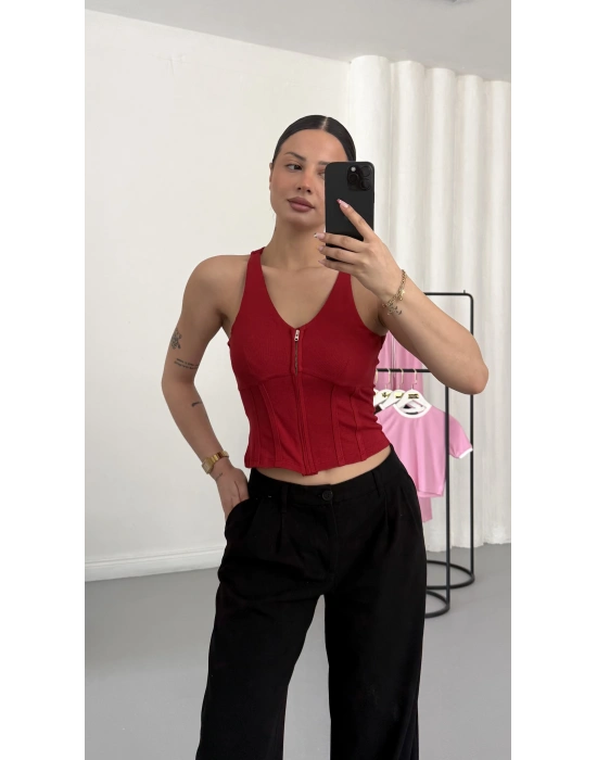 Maisy Fermuarlı Crop - Kırmızı