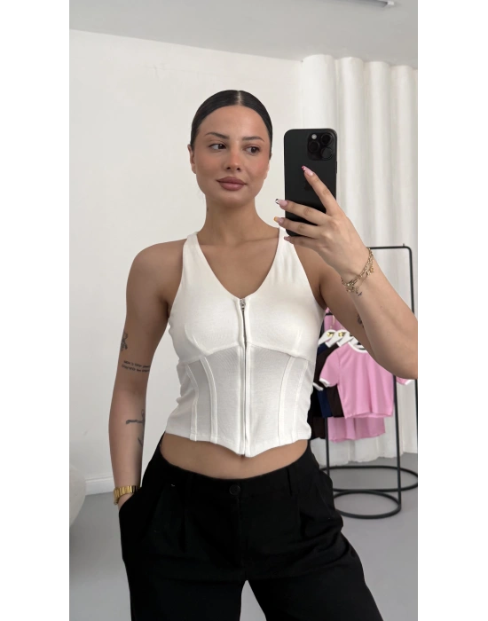 Maisy Fermuarlı Crop - Beyaz