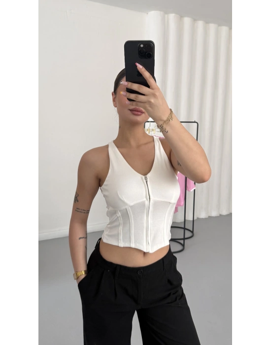 Maisy Fermuarlı Crop - Beyaz