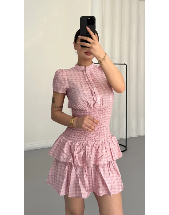 Ekoseli Gömlek Elbise - Pembe