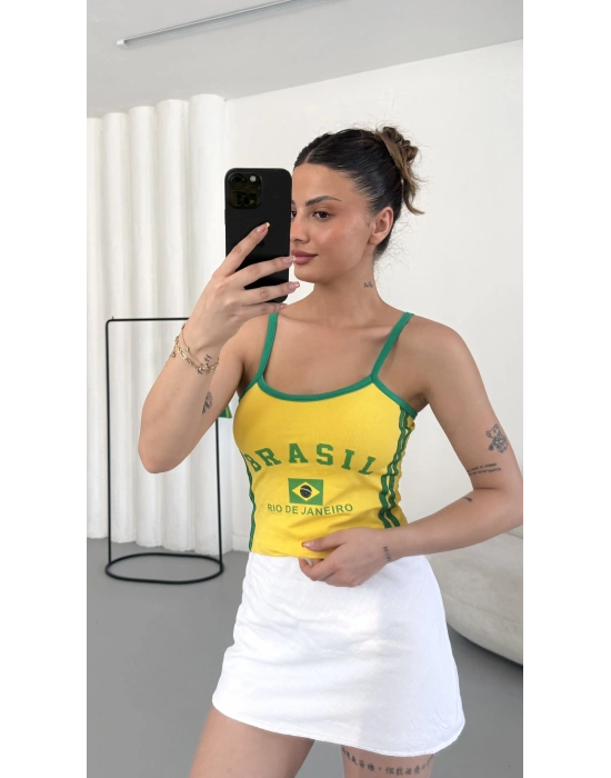 Brasil Baskılı Crop - Sarı