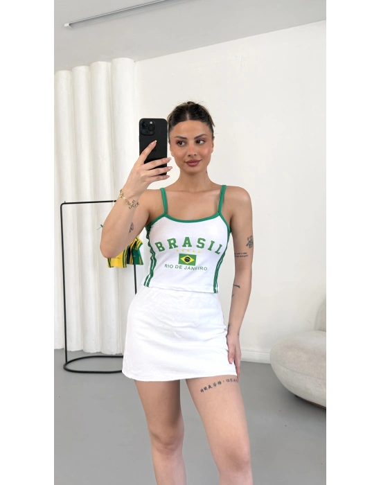 Brasil Baskılı Crop - Beyaz