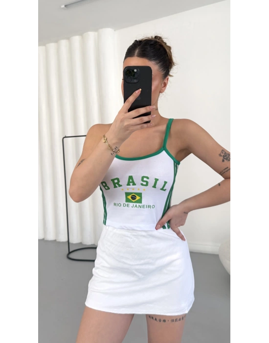 Brasil Baskılı Crop - Beyaz