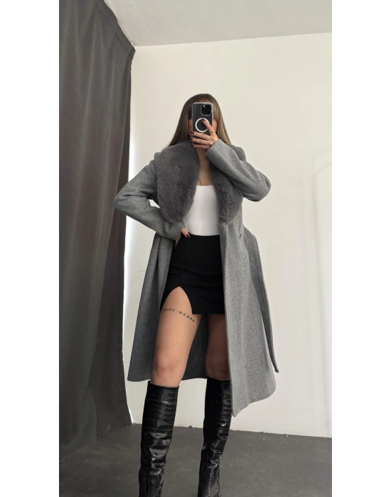 Adele Çıkarılabilir Kürklü Kaşe Kaban - Gri