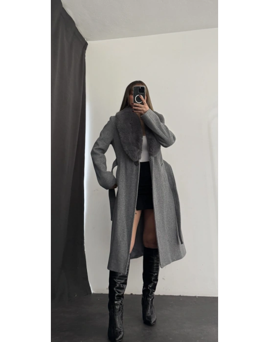 Adele Çıkarılabilir Kürklü Kaşe Kaban - Gri