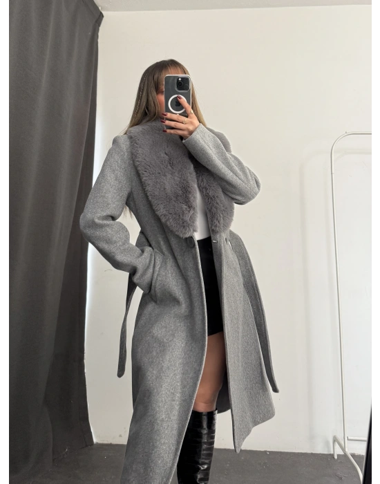 Adele Çıkarılabilir Kürklü Kaşe Kaban - Gri