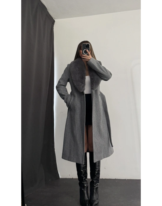 Adele Çıkarılabilir Kürklü Kaşe Kaban - Gri