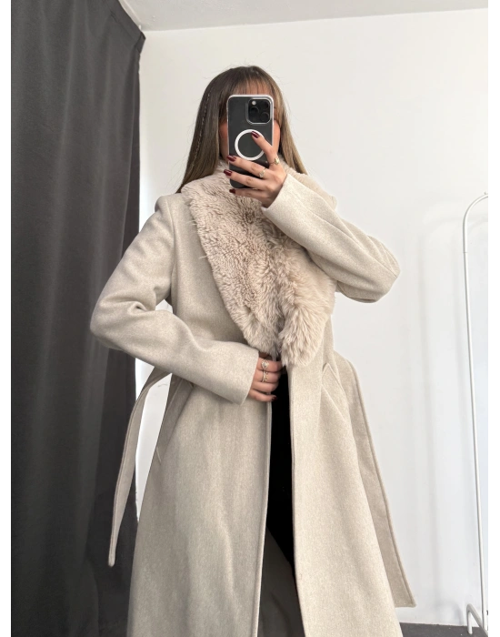 Adele Çıkarılabilir Kürklü Kaşe Kaban - Taş