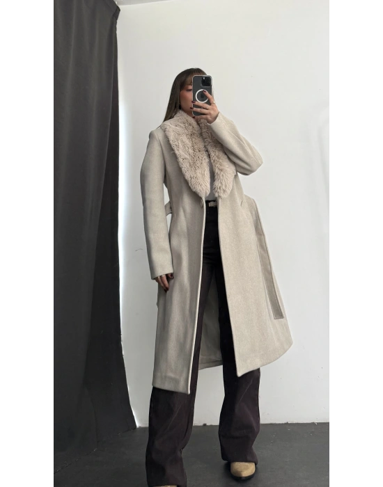 Adele Çıkarılabilir Kürklü Kaşe Kaban - Taş