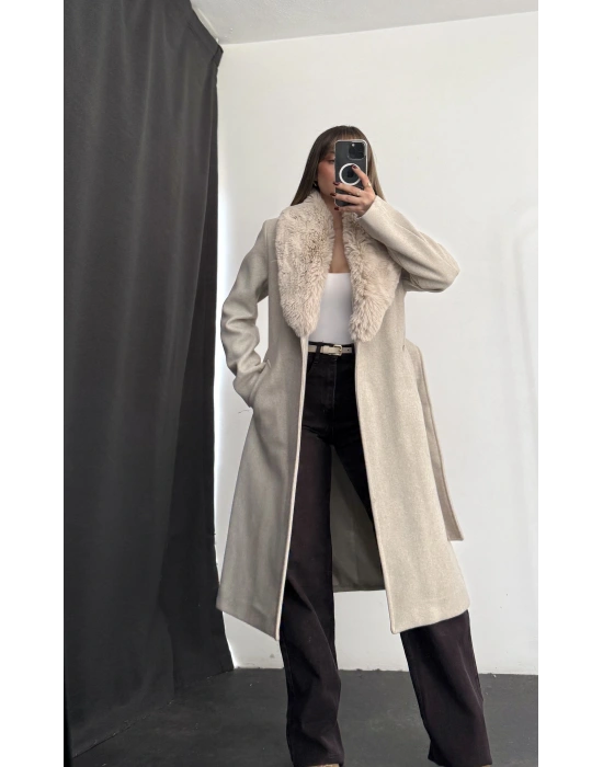 Adele Çıkarılabilir Kürklü Kaşe Kaban - Taş