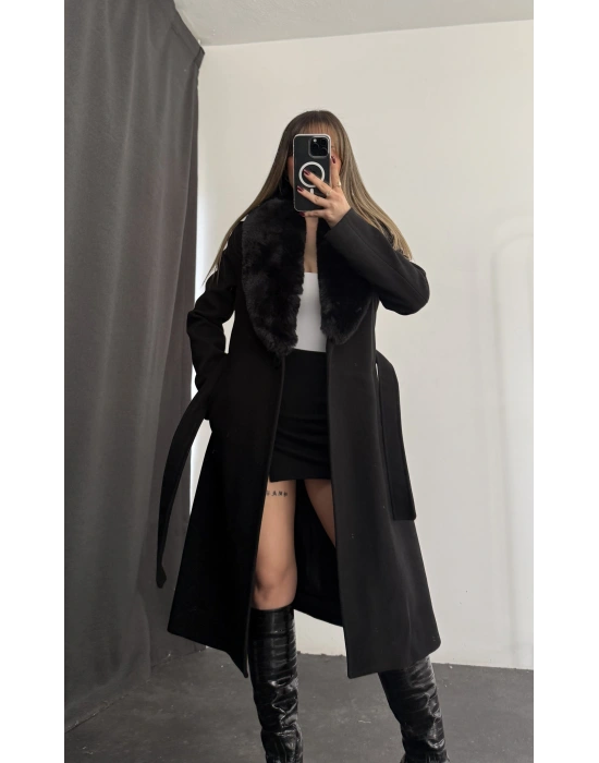 Adele Çıkarılabilir Kürklü Kaşe Kaban - Siyah