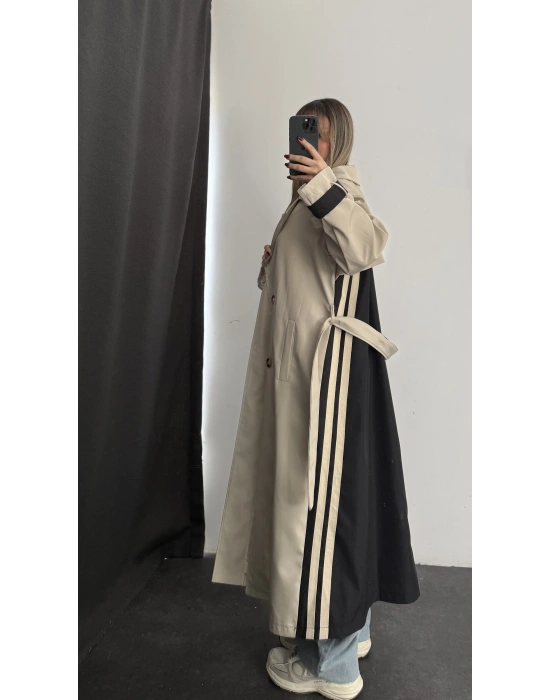 Adriana Şeritli Trençkot - Siyah