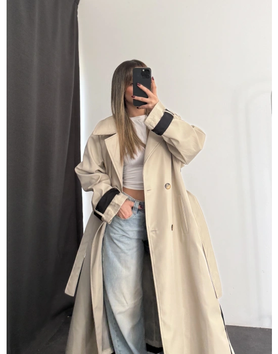 Adriana Şeritli Trençkot - Siyah