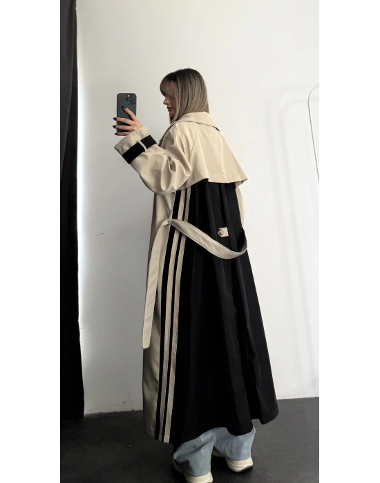 Adriana Şeritli Trençkot - Siyah