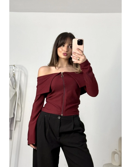 Aimee Fermuar Detay Crop - Bordo