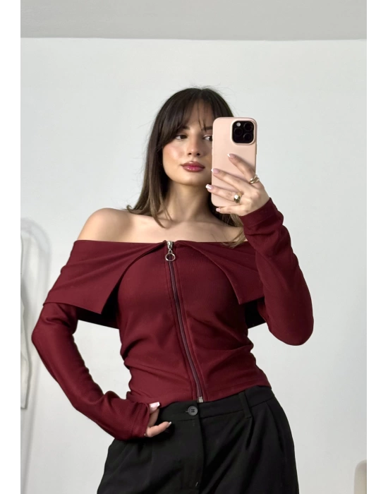 Aimee Fermuar Detay Crop - Bordo