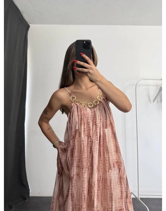 Aksesuar Yakalı Elbise - Pembe