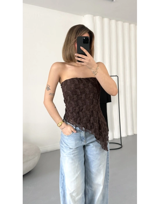 Alain Straplez Dantel Crop - Kahve