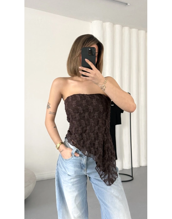 Alain Straplez Dantel Crop - Kahve