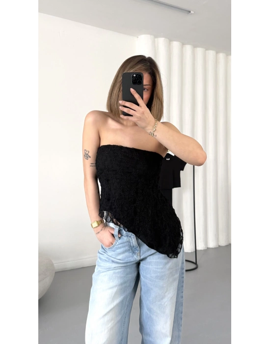 Alain Straplez Dantel Crop - Siyah