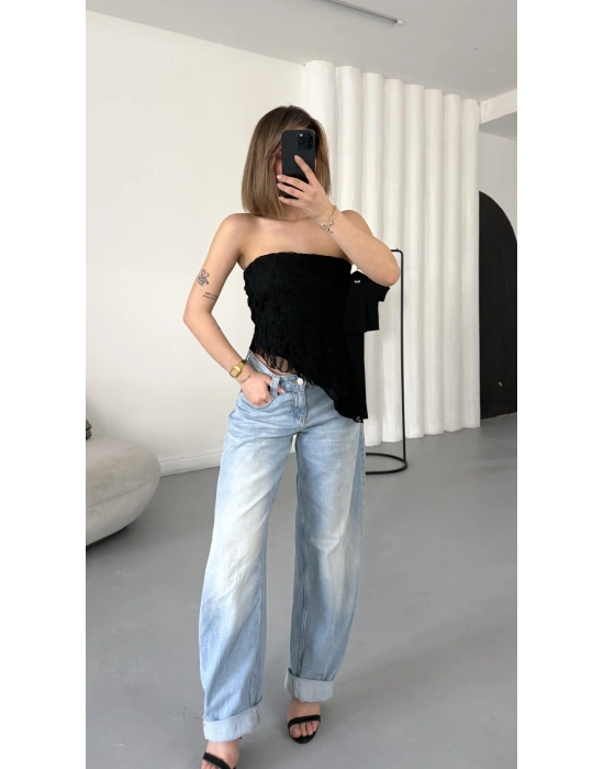 Alain Straplez Dantel Crop - Siyah