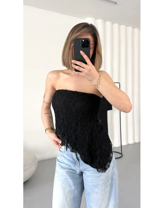 Alain Straplez Dantel Crop - Siyah