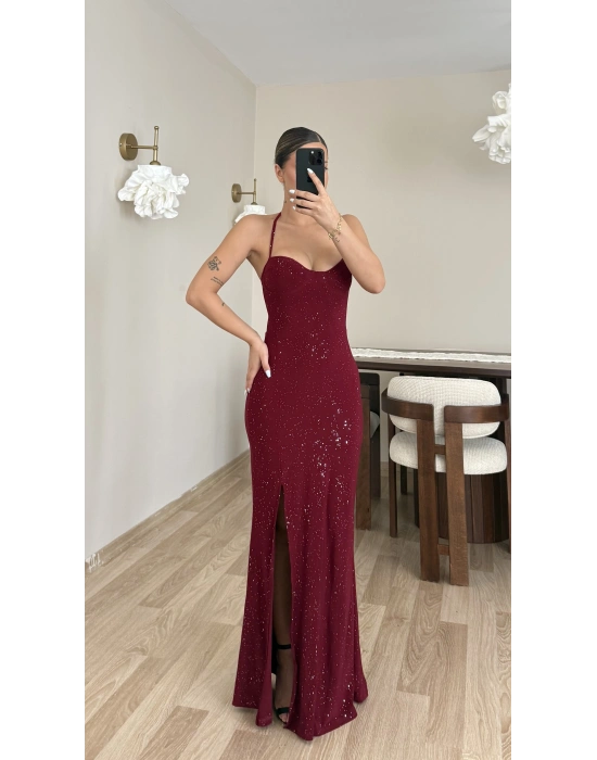Alina Parıltılı Elbise - Bordo