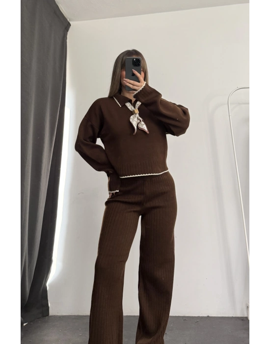 Amanda Fular Detay Triko Takım - Kahve