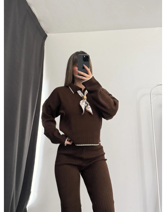 Amanda Fular Detay Triko Takım - Kahve