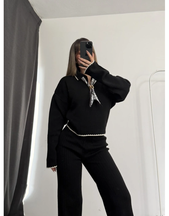 Amanda Fular Detay Triko Takım - Siyah