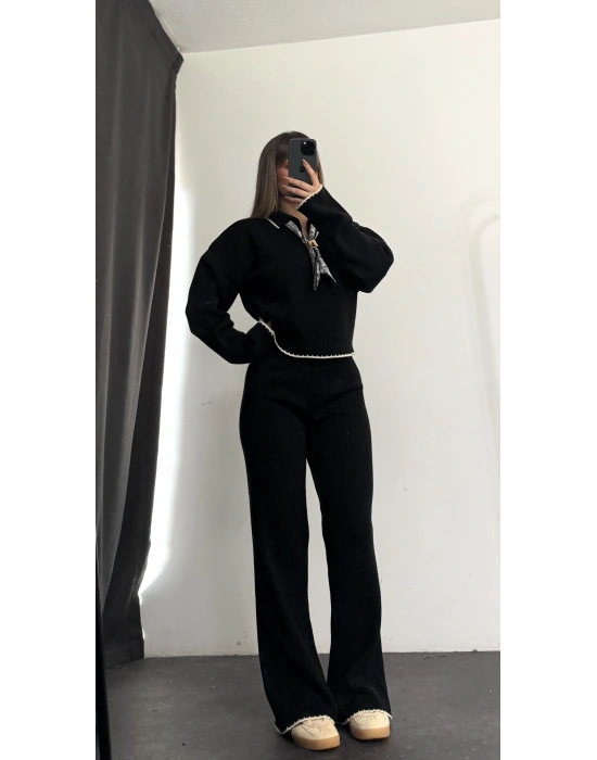 Amanda Fular Detay Triko Takım - Siyah