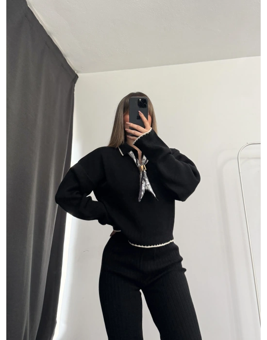 Amanda Fular Detay Triko Takım - Siyah