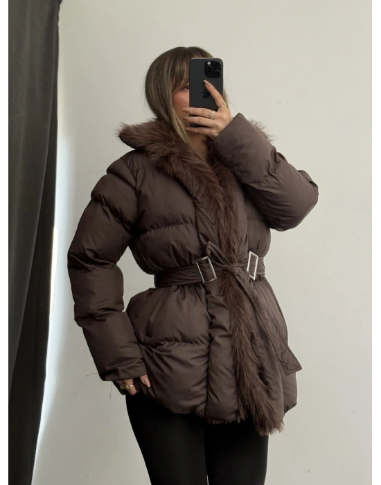 Amor Kürklü Şişme Mont - Kahve